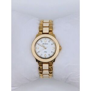 Armitron Now Gold Tone Enamel Inlay Bracelet Watch White Dial Model 75/3898GP